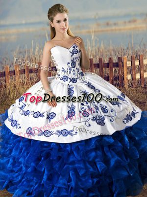 Nice Blue And White Sweet 16 Dresses Sweet 16 and Quinceanera with Embroidery and Ruffles Sweetheart Sleeveless Lace Up