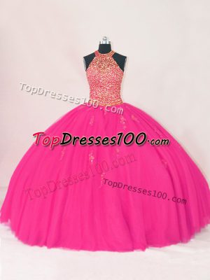 Hot Pink Ball Gowns Beading and Appliques Quinceanera Gowns Lace Up Tulle Sleeveless Floor Length