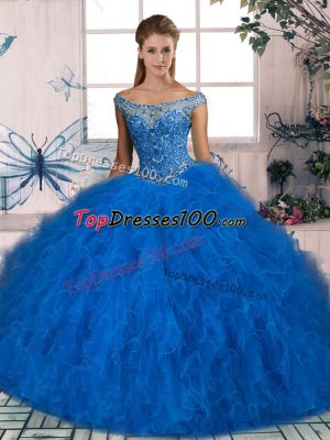Customized Blue Sleeveless Beading and Ruffles Lace Up Ball Gown Prom Dress