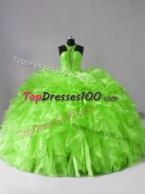 Cute Zipper Halter Top Beading and Ruffles Vestidos de Quinceanera Organza Sleeveless Brush Train