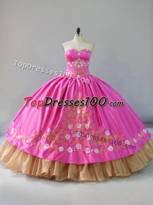 Discount Floor Length Lace Up Quinceanera Gowns Rose Pink for Sweet 16 and Quinceanera with Embroidery