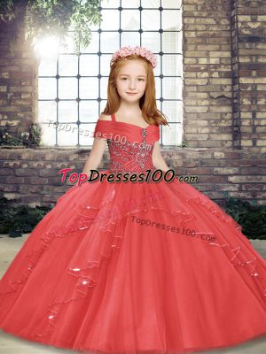 Floor Length Lace Up Little Girl Pageant Gowns Coral Red for Party and Wedding Party with Beading and Ruffles