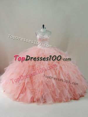 High Quality Peach Tulle Lace Up Sweet 16 Quinceanera Dress Sleeveless Floor Length Beading and Ruffles