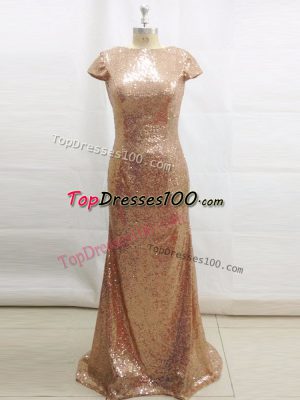Bateau Short Sleeves Brush Train Backless Prom Dresses Champagne Sequined