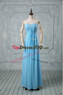 Baby Blue Chiffon Backless Sweetheart Sleeveless Floor Length Prom Dress Beading and Ruching