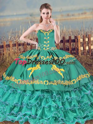 Colorful Floor Length Turquoise Quinceanera Gown Satin Sleeveless Embroidery and Ruffled Layers