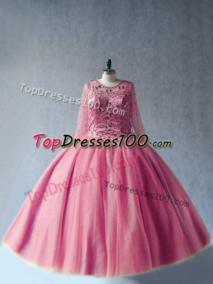 Sumptuous Floor Length Lace Up 15th Birthday Dress Pink for Sweet 16 and Quinceanera with Beading