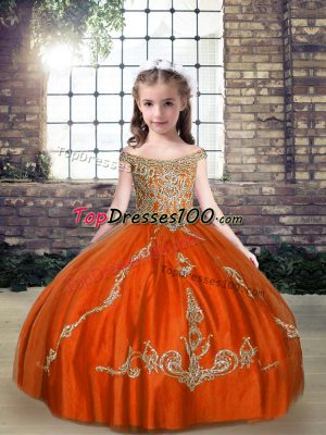 Simple Orange Red Lace Up Off The Shoulder Beading Kids Formal Wear Tulle Sleeveless