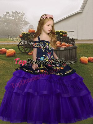 Purple Organza and Tulle Lace Up Straps Sleeveless Floor Length Little Girls Pageant Dress Embroidery and Ruffles