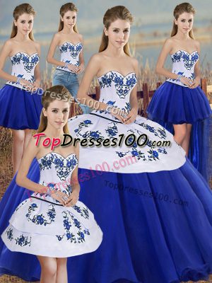 Royal Blue Tulle Lace Up Sweetheart Sleeveless Floor Length Quinceanera Dresses Embroidery and Bowknot