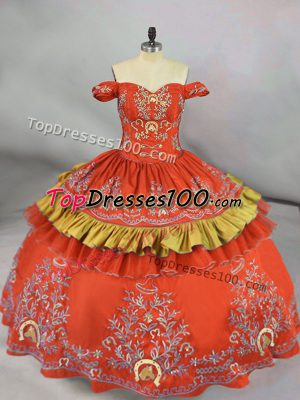 Fancy Sleeveless Satin Floor Length Lace Up Sweet 16 Quinceanera Dress in Orange Red with Embroidery