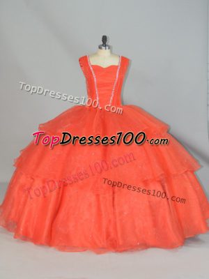 Elegant Sleeveless Floor Length Beading and Ruffled Layers Lace Up Sweet 16 Quinceanera Dress with Orange Red