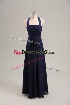 Navy Blue Halter Top Neckline Ruching Sleeveless Lace Up