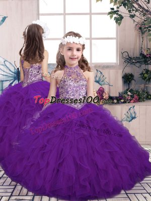 Purple Sleeveless Tulle Lace Up Pageant Gowns For Girls for Party and Wedding Party