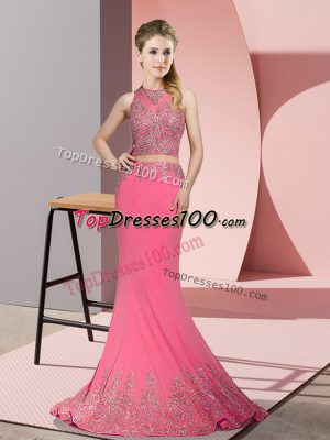 Trendy Rose Pink Mermaid Satin High-neck Sleeveless Beading and Appliques Zipper Evening Dress Sweep Train