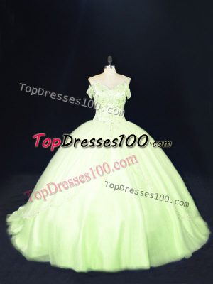 Attractive Off The Shoulder Sleeveless Court Train Lace Up Quinceanera Gowns Yellow Green Tulle