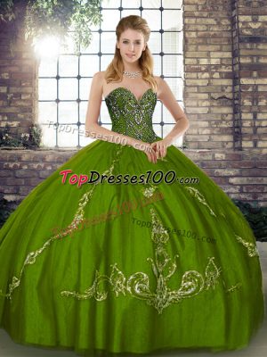 Customized Floor Length Ball Gowns Sleeveless Olive Green 15th Birthday Dress Lace Up