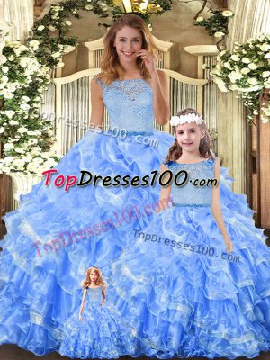 Chic Light Blue Zipper Scoop Lace and Ruffled Layers Ball Gown Prom Dress Organza Sleeveless