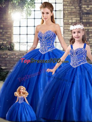 Deluxe Ball Gowns Sleeveless Blue Quinceanera Dresses Brush Train Lace Up