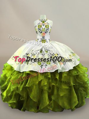 Free and Easy Floor Length Side Zipper Quinceanera Dresses Olive Green for Sweet 16 and Quinceanera with Embroidery and Ruffles