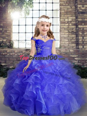 Elegant Sleeveless Organza Floor Length Lace Up Pageant Dress Toddler in Blue with Beading and Ruffles and Ruching