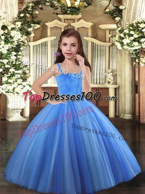 On Sale Blue and Yellow And White Tulle Lace Up Straps Sleeveless Floor Length Little Girls Pageant Gowns Beading