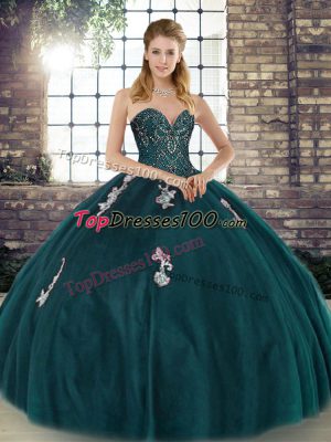 Ball Gowns Quinceanera Dresses Peacock Green Sweetheart Tulle Sleeveless Floor Length Lace Up