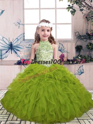 Lovely Olive Green Lace Up Pageant Dress for Teens Beading and Ruffles Sleeveless Floor Length