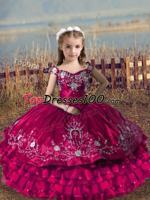 High End Fuchsia Sleeveless Embroidery and Ruffled Layers Floor Length Pageant Dress Womens