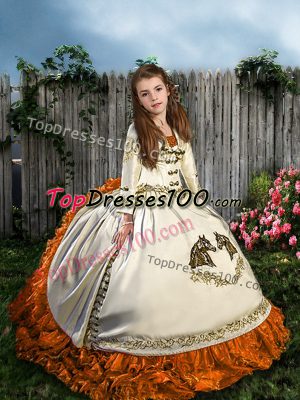 White Straps Neckline Embroidery and Ruffles Girls Pageant Dresses Sleeveless Lace Up