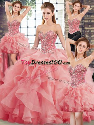 Glorious Ball Gowns Sleeveless Watermelon Red Quinceanera Dress Brush Train Lace Up