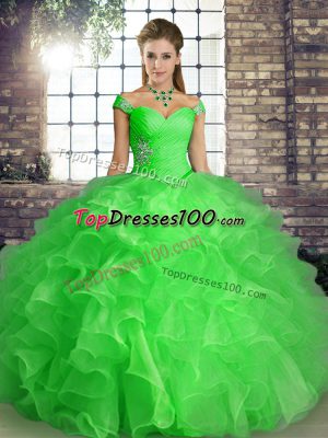 Customized Green Sleeveless Beading and Ruffles Floor Length Quinceanera Gown