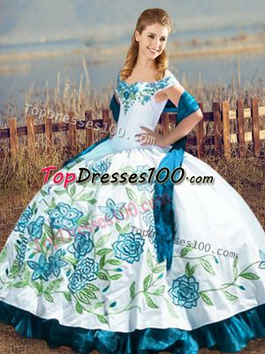 Ball Gowns Quince Ball Gowns Blue And White Off The Shoulder Satin Sleeveless Floor Length Lace Up