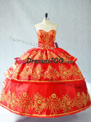 Red Sleeveless Floor Length Embroidery and Ruffled Layers Lace Up Vestidos de Quinceanera