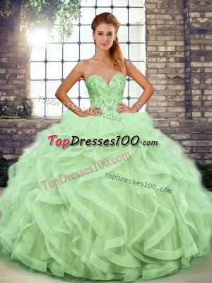 Floor Length Lace Up Quince Ball Gowns Apple Green for Military Ball and Sweet 16 and Quinceanera with Beading and Ruffles