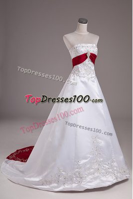 Perfect Satin Sleeveless Wedding Dress Brush Train and Beading and Embroidery