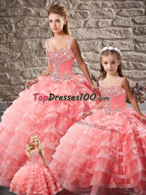 Wonderful Watermelon Red Quinceanera Dresses Sweet 16 and Quinceanera with Beading and Ruffled Layers Straps Sleeveless Court Train Lace Up