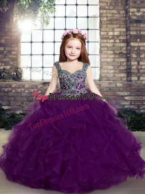 Affordable Eggplant Purple Sleeveless Floor Length Beading and Ruffles Lace Up Pageant Dress for Teens