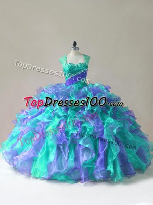 Custom Fit Floor Length Multi-color 15 Quinceanera Dress Organza Sleeveless Beading and Ruffles