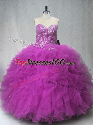 Fitting Scoop Sleeveless Sweet 16 Quinceanera Dress Floor Length Beading and Ruffles Fuchsia Tulle