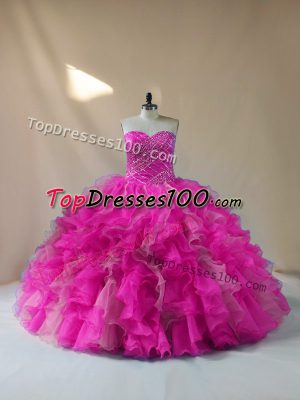 Glamorous Floor Length Lace Up 15th Birthday Dress Fuchsia for Sweet 16 and Quinceanera with Beading and Ruffles