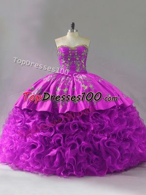 Fuchsia Ball Gowns Organza and Fabric With Rolling Flowers Sweetheart Sleeveless Beading and Embroidery and Ruffles Lace Up Sweet 16 Dresses Brush Train