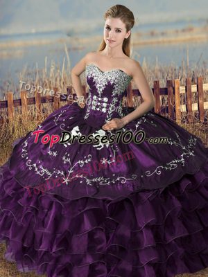 Sexy Purple Sleeveless Satin and Organza Lace Up Quinceanera Gown for Sweet 16 and Quinceanera