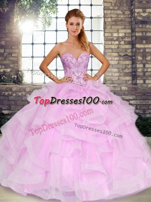 Lilac Tulle Lace Up Quinceanera Gowns Sleeveless Floor Length Beading and Ruffles