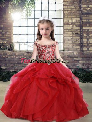 Low Price Red Pageant Dress for Womens Party and Wedding Party with Beading and Ruffles Off The Shoulder Sleeveless Lace Up