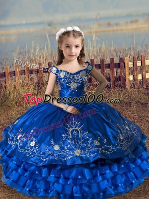 Satin and Organza Sleeveless Floor Length Little Girl Pageant Gowns and Embroidery and Ruffled Layers