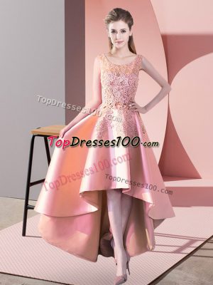 Sleeveless Satin High Low Zipper Dama Dress for Quinceanera in Peach with Lace