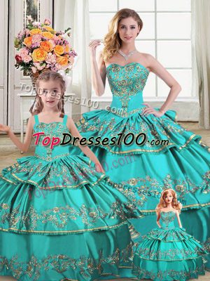 Sweetheart Sleeveless Lace Up Ball Gown Prom Dress Aqua Blue Organza