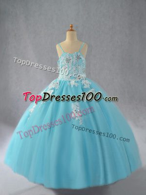 Top Selling Floor Length Lace Up Glitz Pageant Dress Aqua Blue for Wedding Party with Beading and Appliques