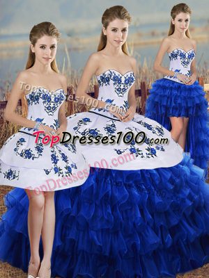 Royal Blue Ball Gowns Sweetheart Sleeveless Organza Floor Length Lace Up Embroidery and Ruffled Layers and Bowknot Quinceanera Dresses